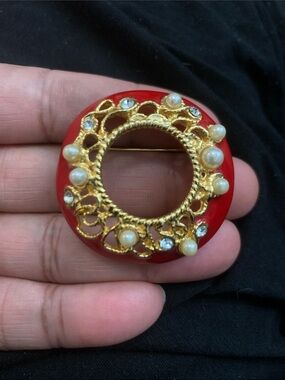 Gold-Tone Red Circular Brooch with Pearls and Crystals